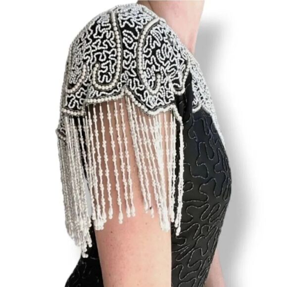 NEW 80s Vintage Lawrence Kazar 100% Silk Beaded and Pearls Evening Gown in Black - Picture 4 of 14